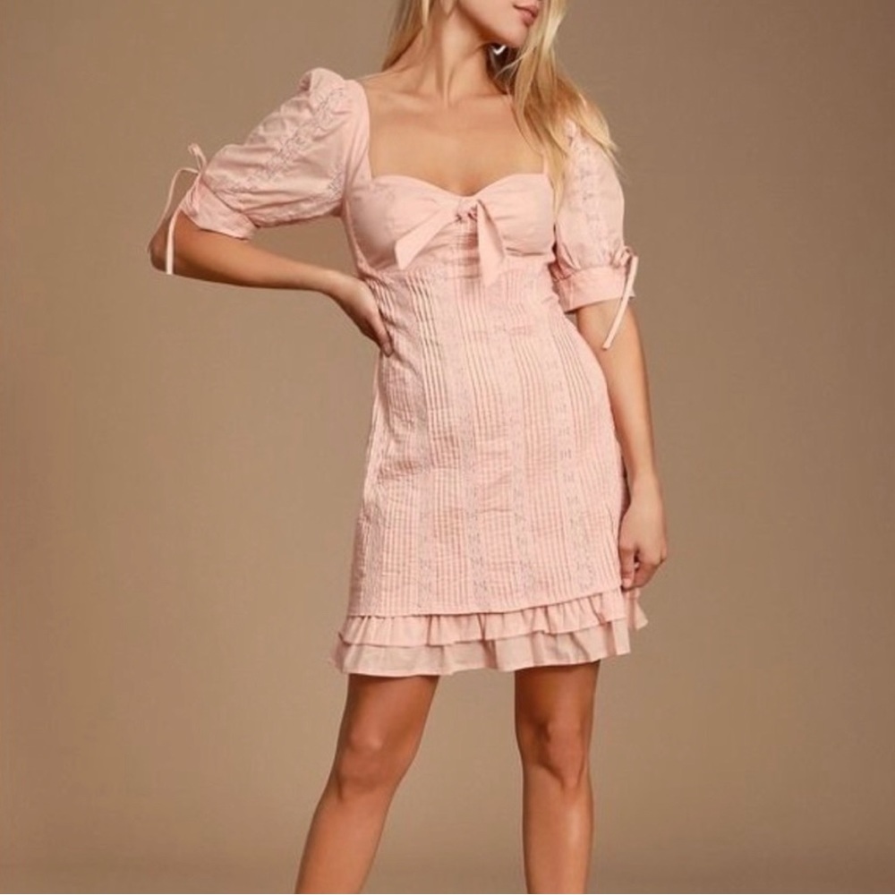 Ryleigh Blush Pink Tie-Front Pleated Lace Dress
